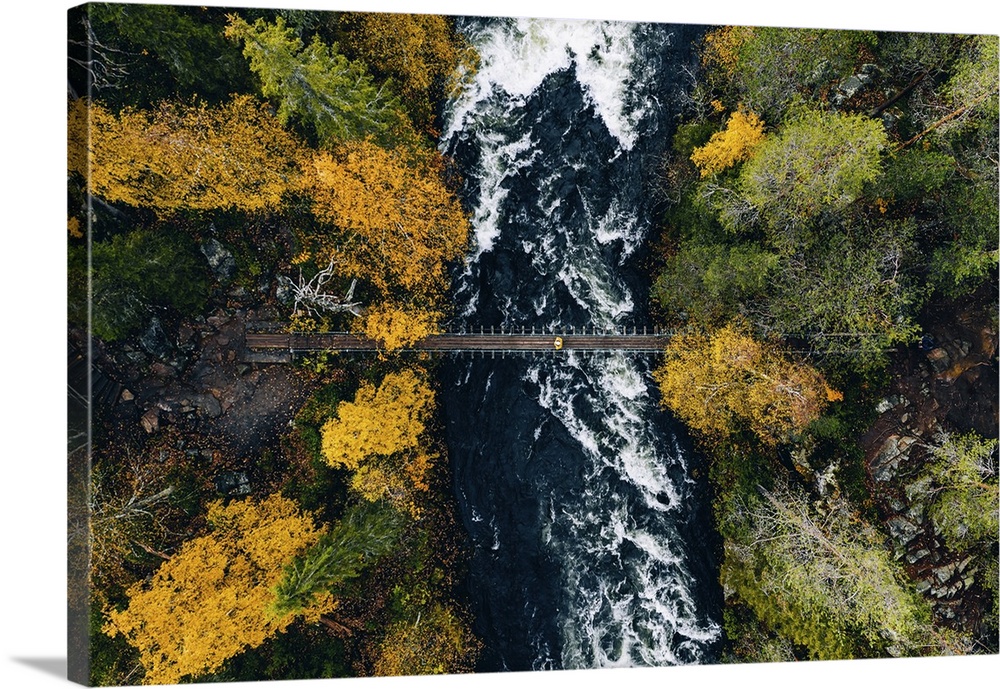 Aerial View Of River With Suspension Bridge In Colorful Autumn Forest In Lapland, Finland