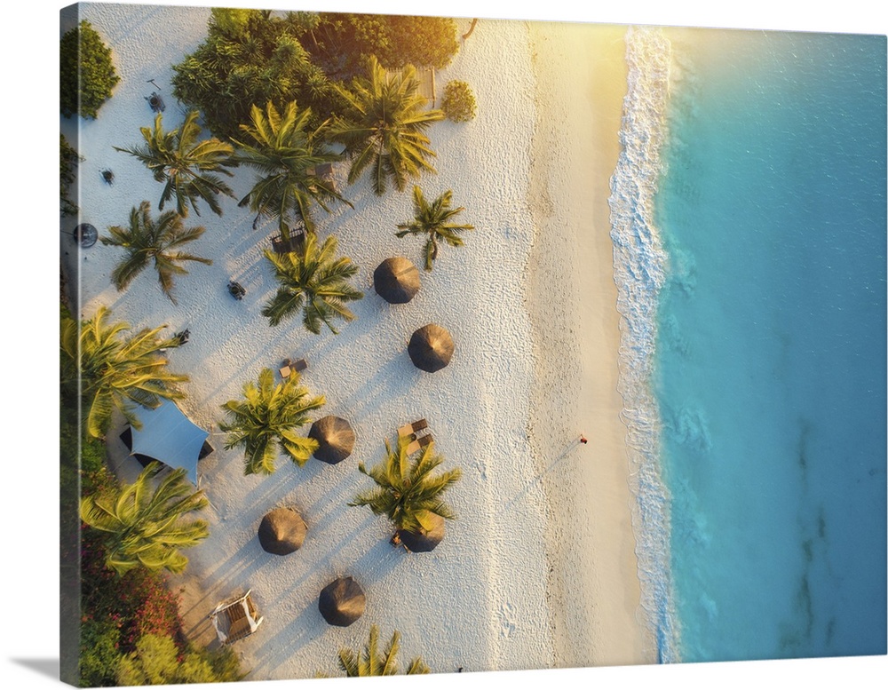 Aerial View Of Umbrellas And Palms On Indian Ocean Beach At Sunset, Zanzibar, Africa