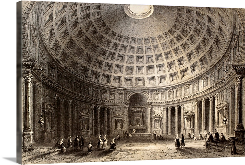 Antique illustration of  Pantheon in Rome, Italy. Original, created by W. H. Bartlett and E. Challis