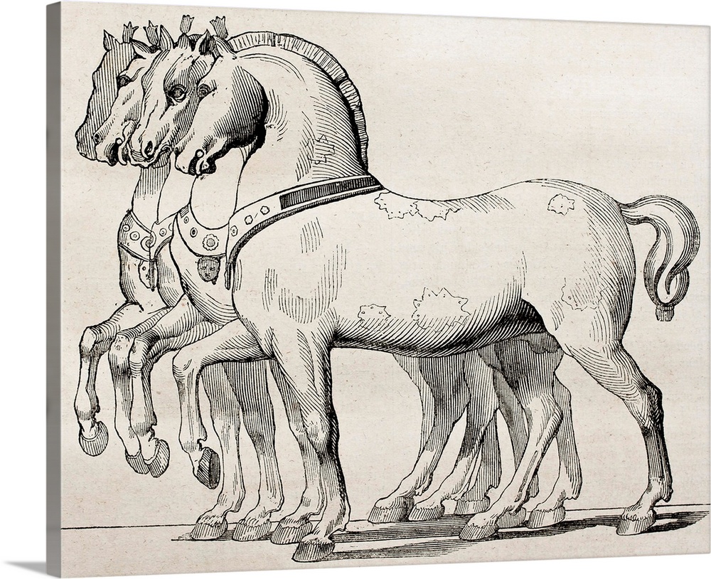 St. Mark Basilica horses old illustration, Venice. By unidentified author, published on Magasin Pitt