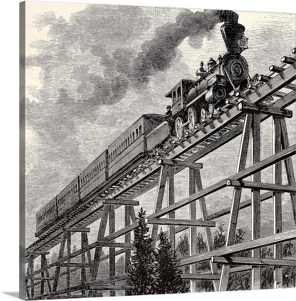 Old illustration of train crossing wooden trestle bridge along Union Pacific railroad. Original, cre