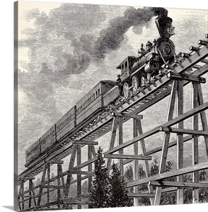 Antique illustration of train crossing wooden bridge along Union