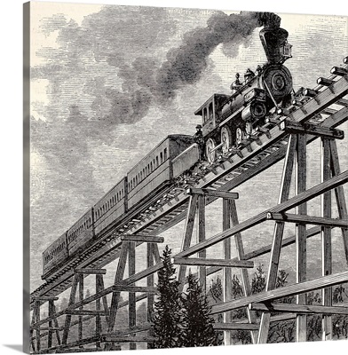 Antique illustration of train crossing wooden bridge along Union Pacific railroad