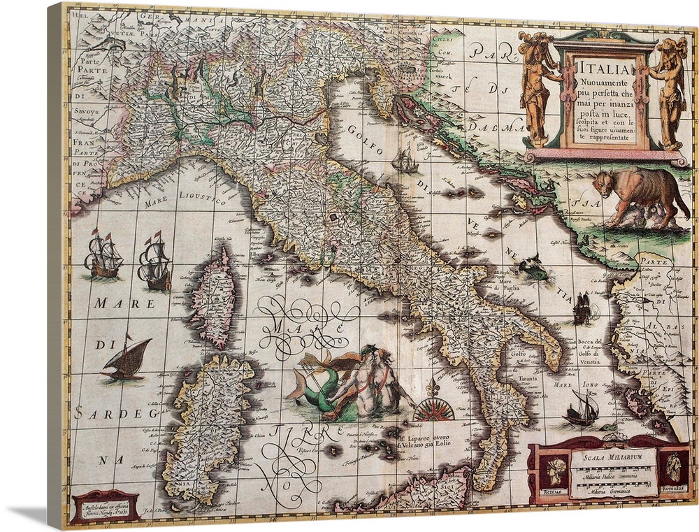 Italy old map. Created by Henricus Hondius, published in Amsterdam, 1631