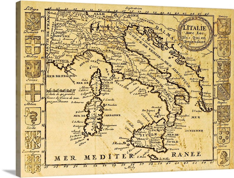 Antique map of Italy framed by territorial crests | Great Big Canvas