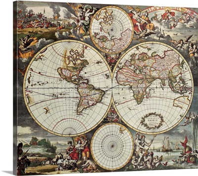Antique map of world hemispheres, 1668