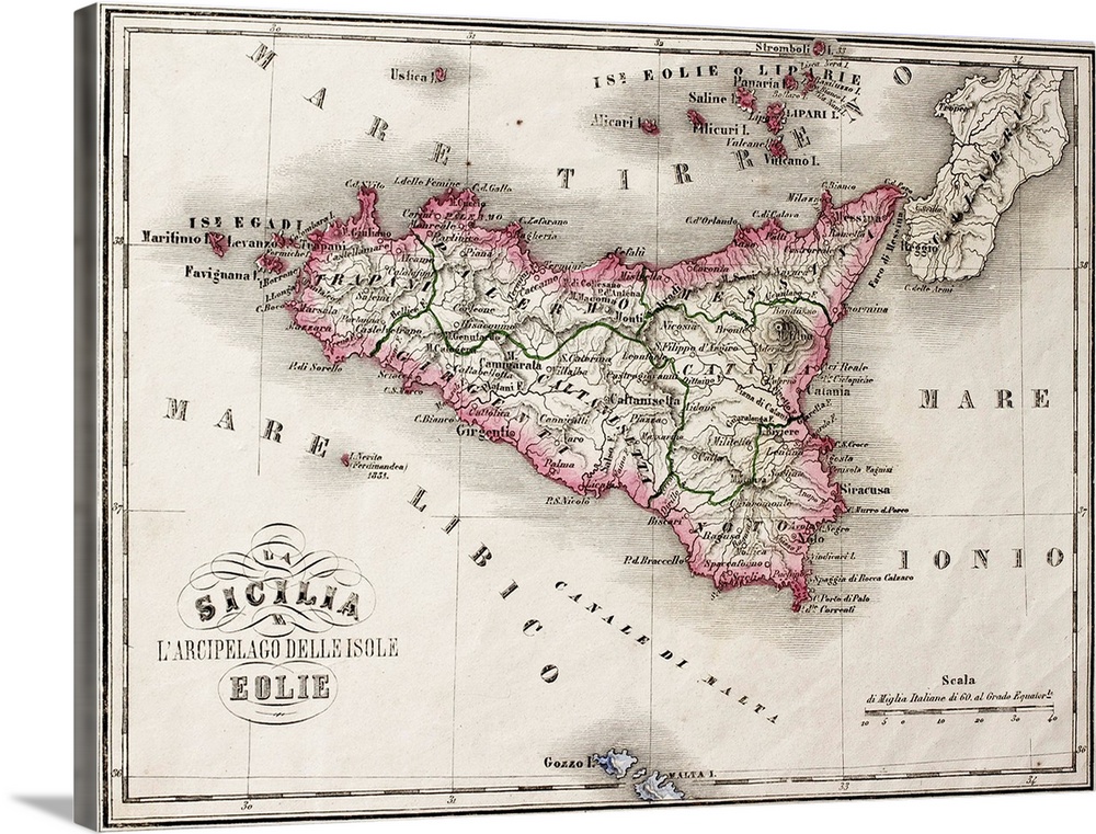 An old map of Sicily and little islands around it. The original map was published in Italy in 1860,