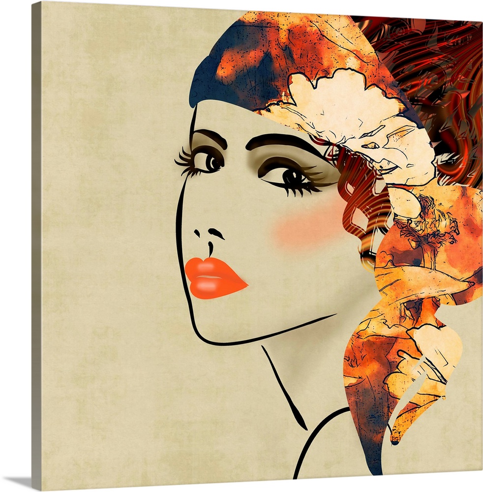 art colorful sketching beautiful girl face on sepia  background, in art deco style