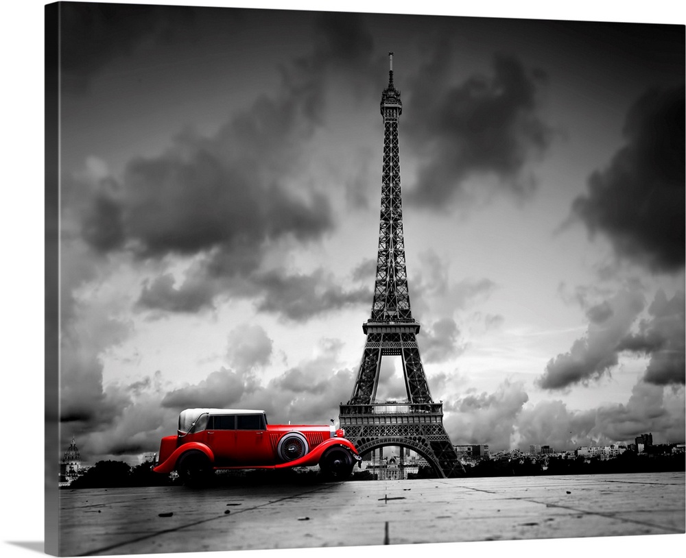 Artistic image of Effel Tower, Paris, France and red retro car. Black and white, vintage.