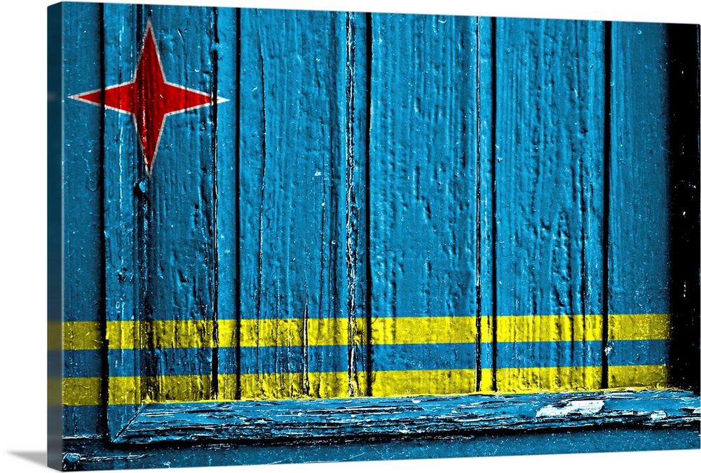 Flag of Aruba painted on wooden rustic wooden surface.