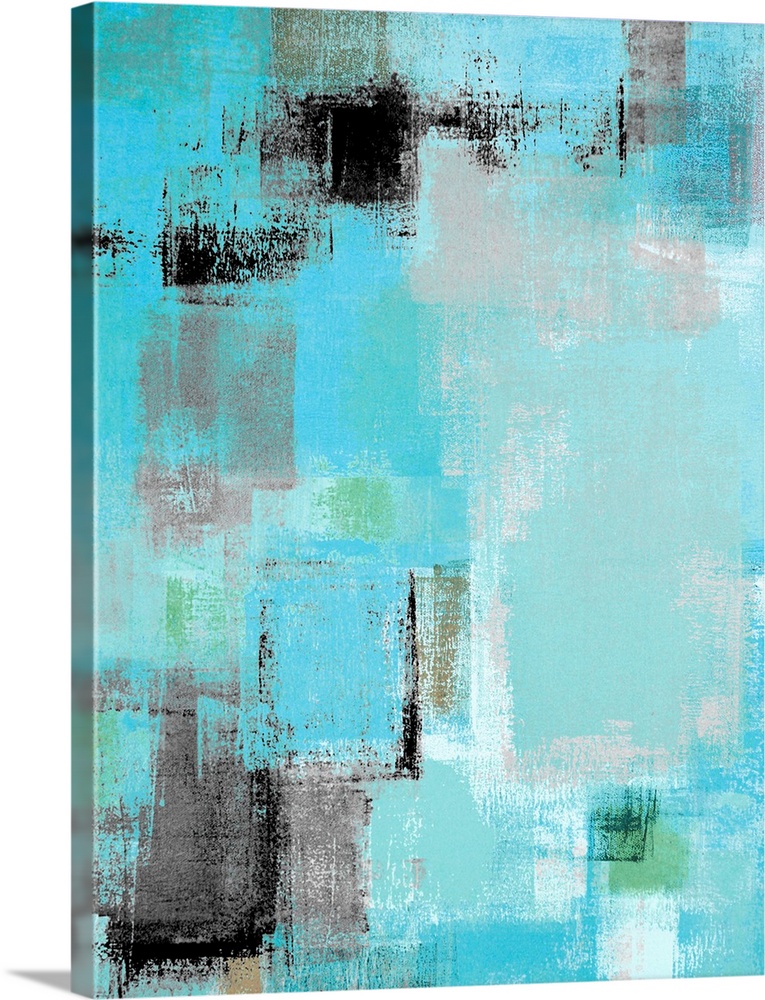 Modern grey and blue abstract painting with simple lines and texture.