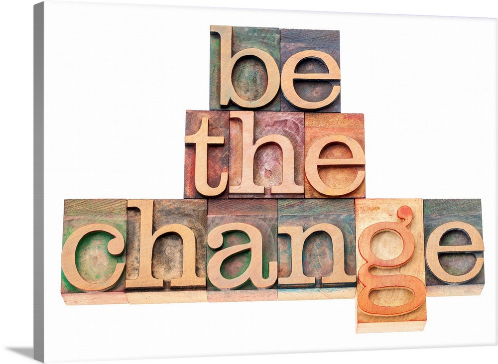 be the change - inspiration concept - isolated text in vintage letterpress wood type printing blocks