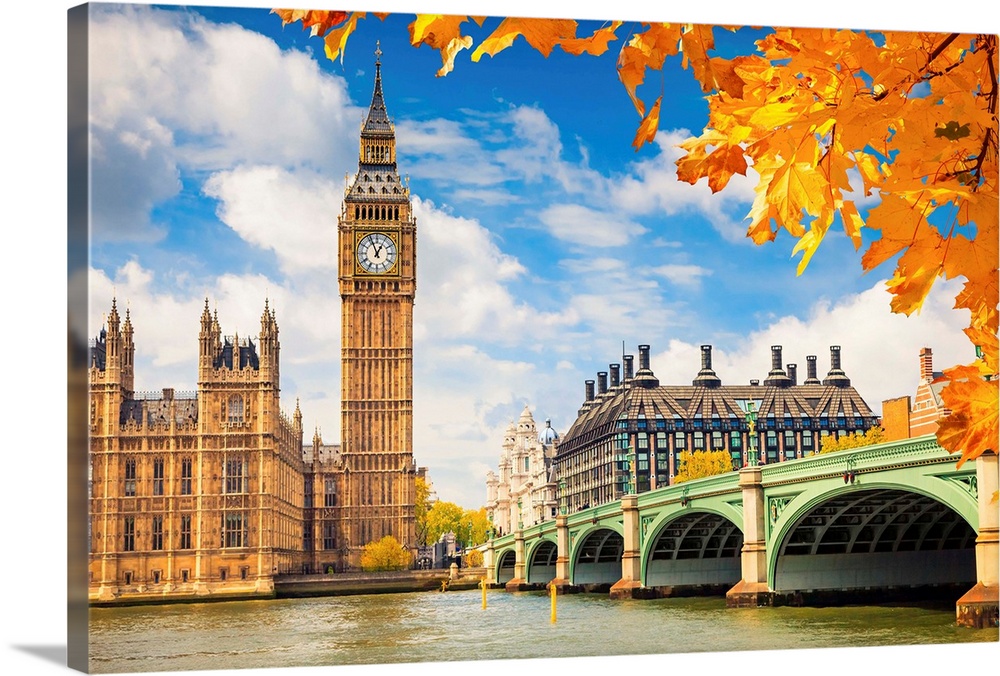 Big Ben with autumn leaves, London.