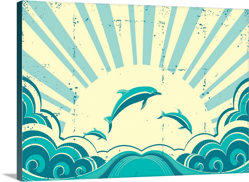 Blue Dolphins Jumping In Sea In Summer Day.grunge Vector