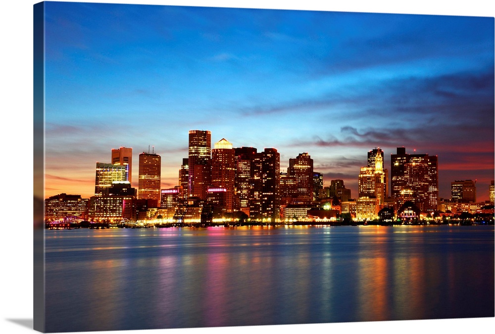 Boston City Skyscrapers, Custom House and Boston Waterfront at night from East Boston, Boston, Massachusetts.