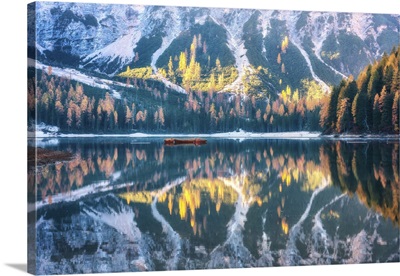 Braies Lake With Beautiful Reflection In Water At Sunrise In Autumn, Dolomites, Italy