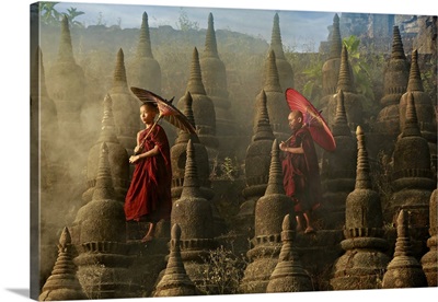 Buddhist Novice Monk Are Walking In Pagoda, Myanmar