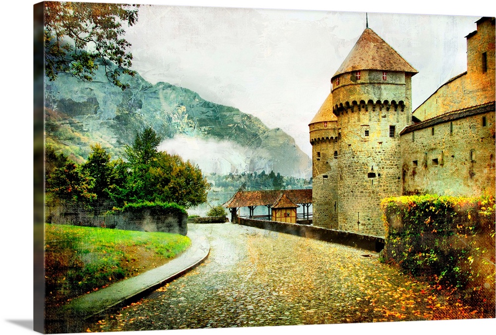 swiss castle - artistic picture in old painting style (from my castles collection)