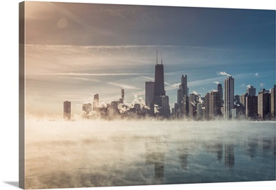 Chicago Downtown With Winter Fog On Lake Michigan, Arctic Polar Vortex