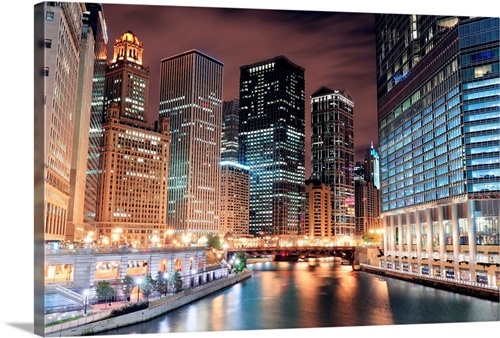 Skyscrapers in a city lit up at night, Magnificent Mile, Michigan Avenue,  Chicago River, Chicago, Illinois, Wall Art, Canvas Prints, Framed Prints,  Wall Peels