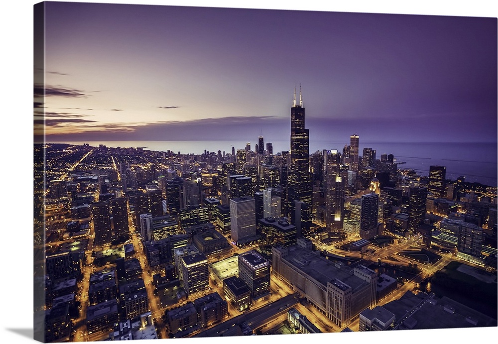 Chicago Skyline Aerial View At Dusk