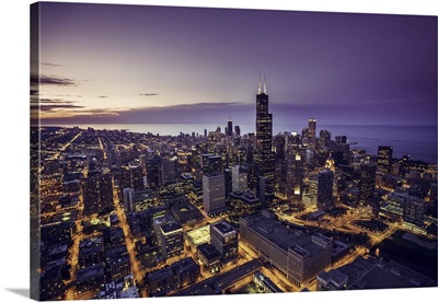 Chicago Skyline Aerial View At Dusk