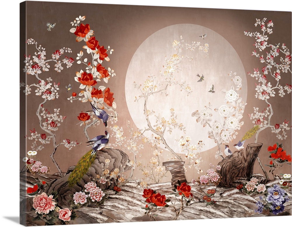 Chinoiserie Style Picture With Abstract Birds And Plants