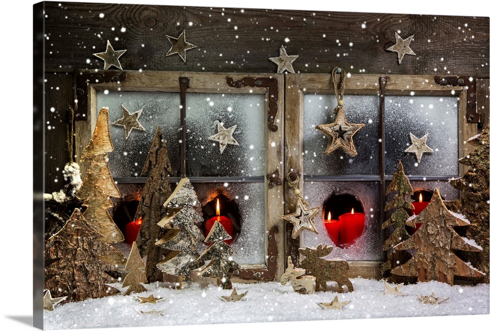 Christmas Window Decoration in Red with Wood | Large Canvas Art Print | Great Big Canvas