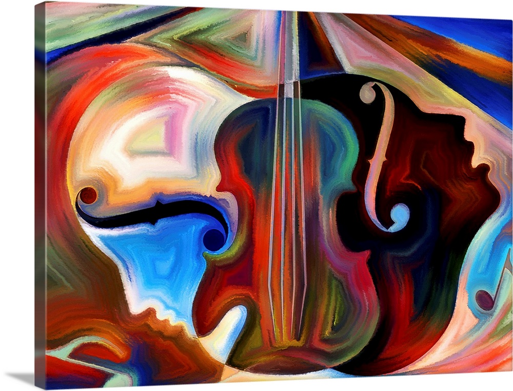 Colorful abstract painting using organic shapes to create human faces in profile against the shape of sting instruments.