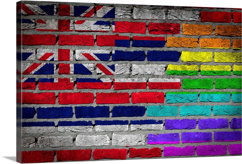Country flag and rainbow flag painted on wall, Hawaii.