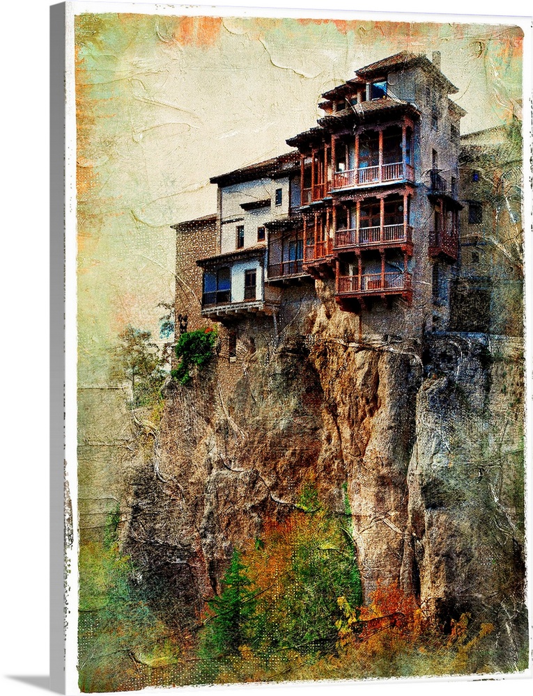 Cuenca - medieval town of Spain.Famous hanging houses - picture in painting style