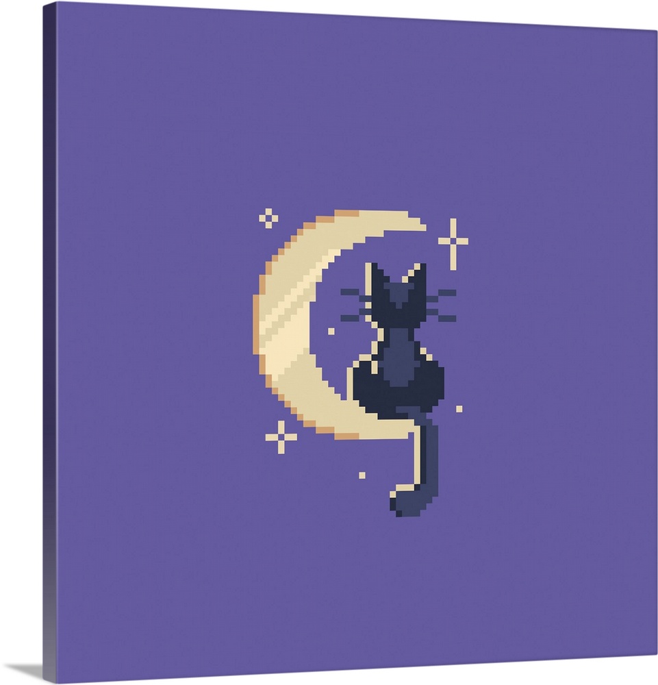 Cute night cat sitting on the moon. Pixel art style. Originally a vector illustration.