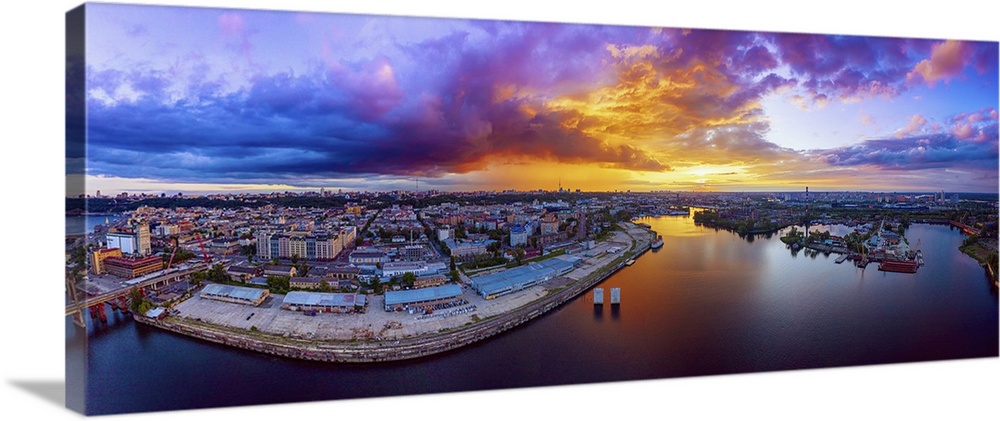 Dramatic Colorful Sunset Over Dnipro River In Kiev, Ukraine