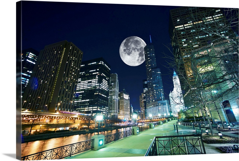 Chicago at Night. Shot Taken from Chicago Famous Riverwalk. Large Moon on the Sky.