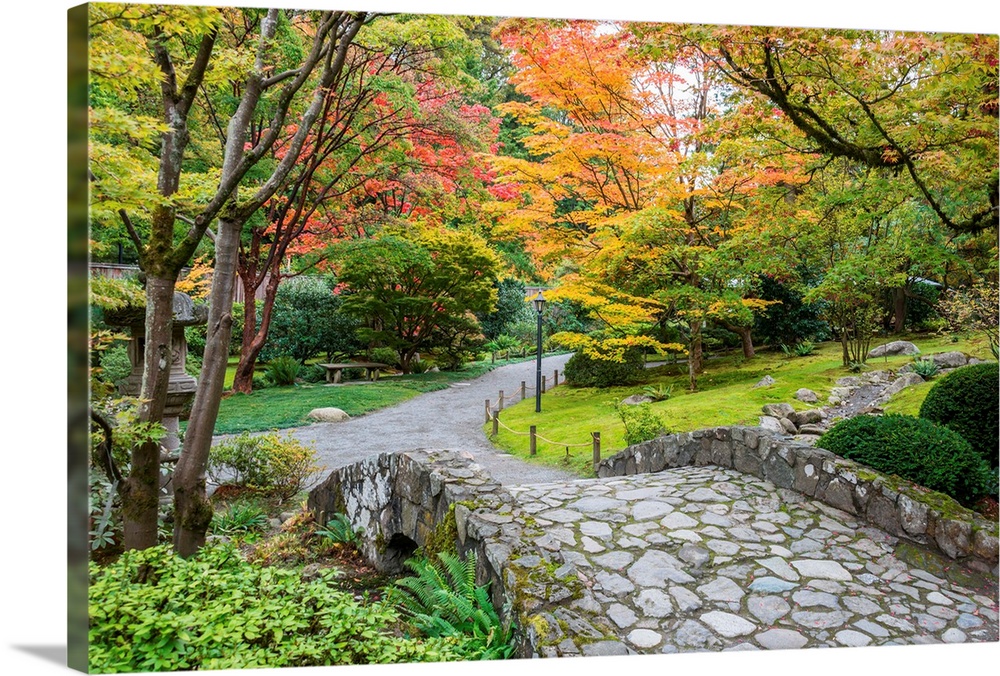 Autumn colors along a winding walking path and stone bridge in a Japanese garden.