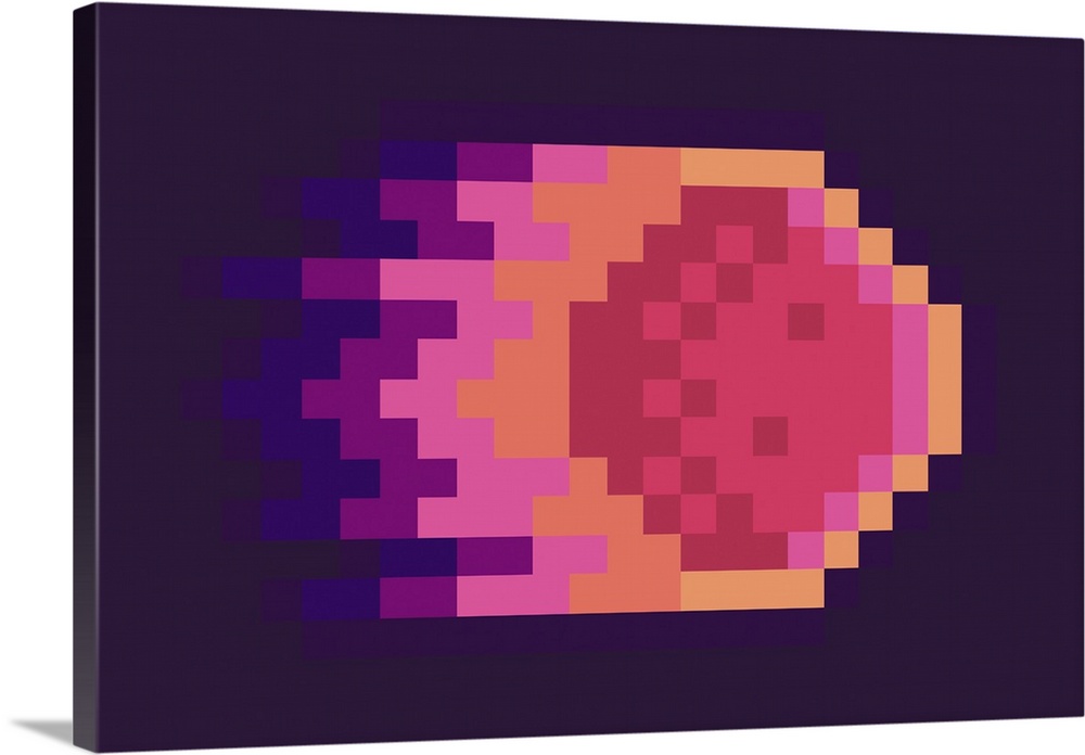 Meteor or falling asteroid in fire. Pixelated graphics of a celestial body.