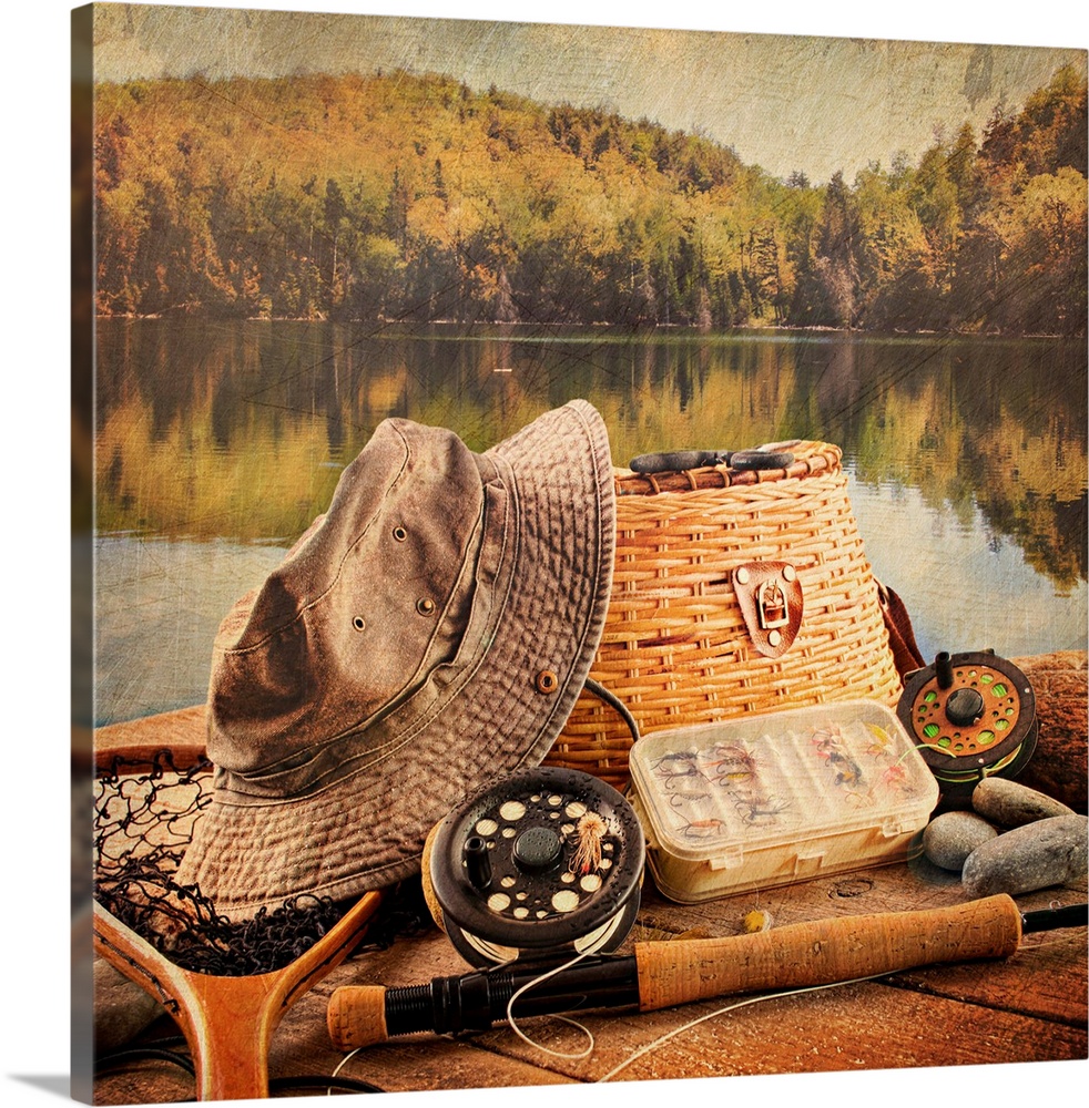Fly fishing equipment on deck with a vintage look Stretched Canvas Print
