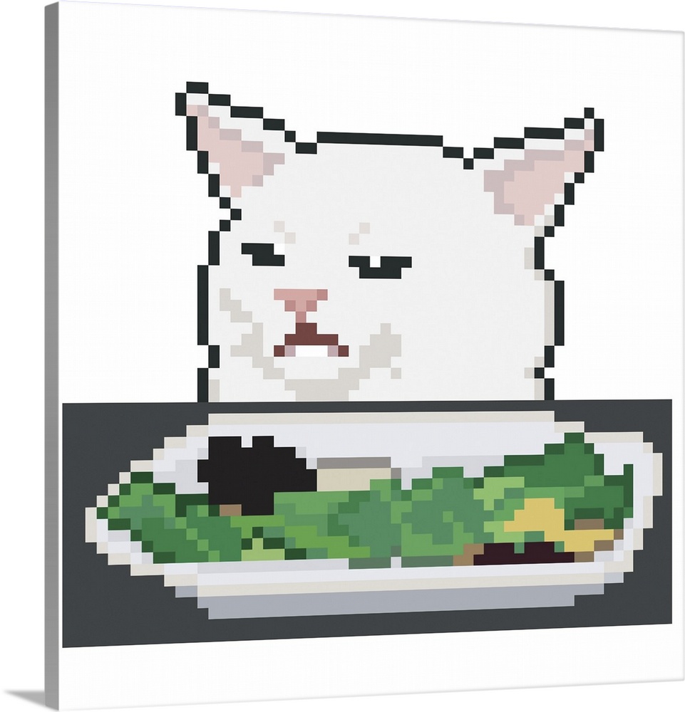 Funny cat on the table, pixel art illustration.