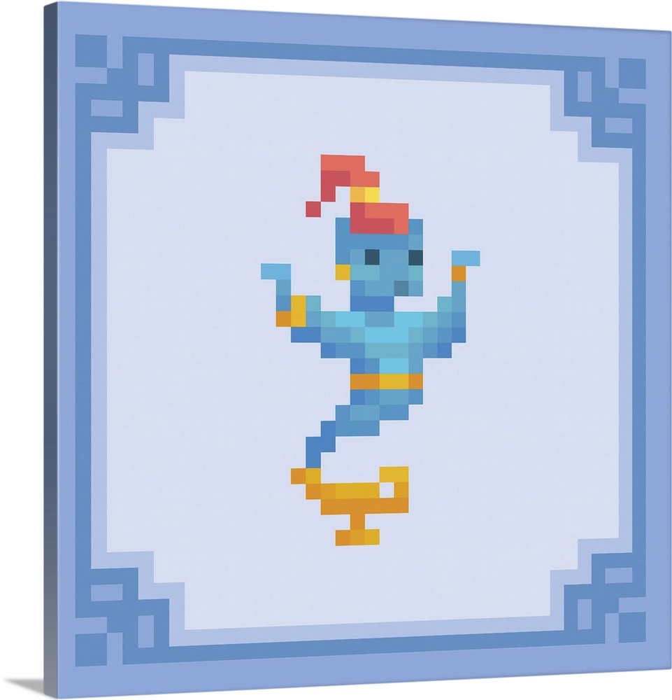 Genie appear from magic lamp. Pixel art character. Originally a vector illustration in 8 bit style.