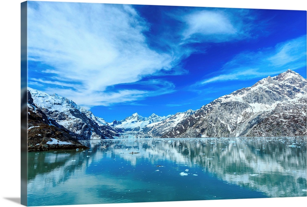 Panoramic view of Glacier Bay national Park. John Hopkins Glacier with Mount Orville and Mount Wilbur in the background. A...