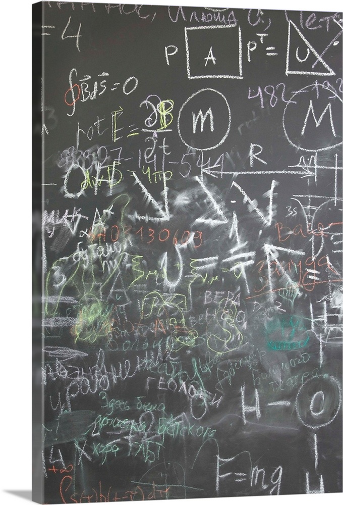 Grey School Chalkboard With Many Different Formuls, Signs And Counts Vertical