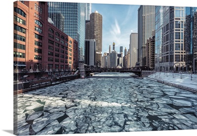 Ice On Chicago River During Winter Polar Vortex