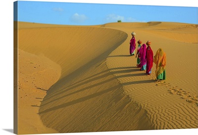 Indian Women Carrying Jugs Of Water In Desert, Jaisalmer, Rajasthan, India