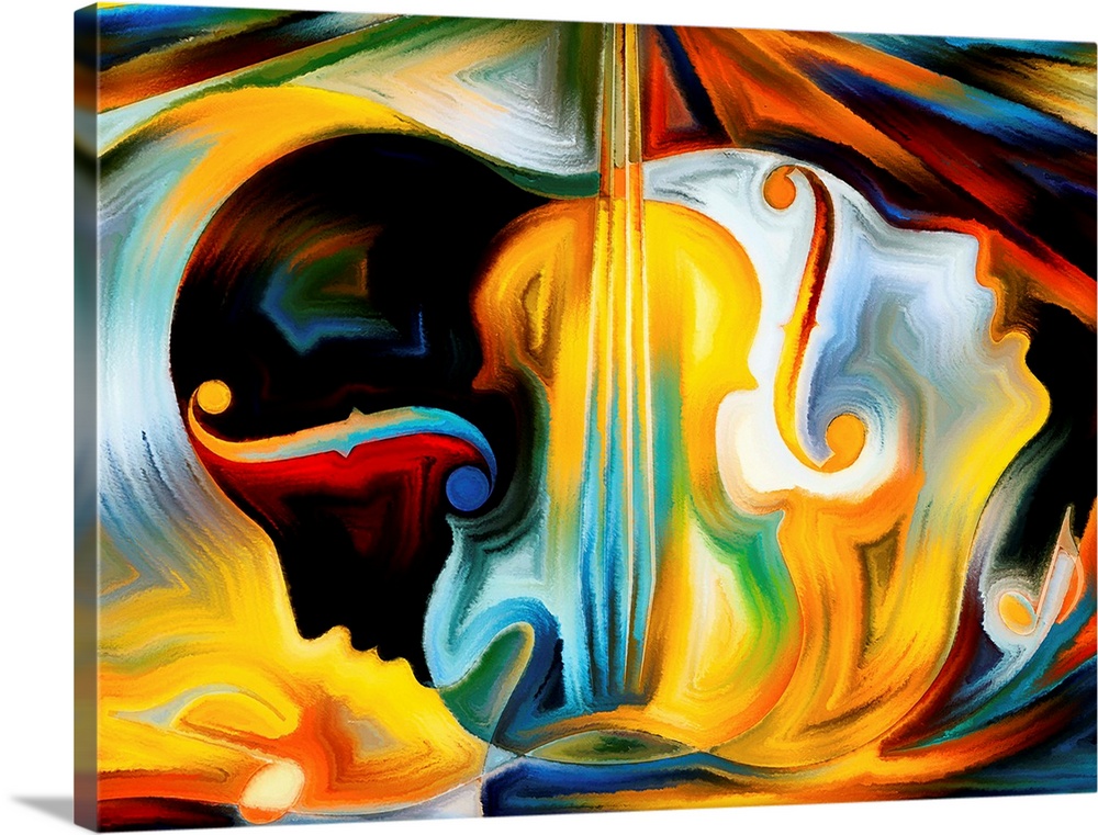 Colorful abstract painting using organic shapes to create human faces in profile against the shape of a violin.