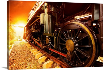 Iron Wheels Of Stream Engine Locomotive Train On Railways