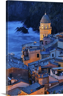 Landmark Church Bell Tower And Buildings At Night In Vernazza, Cinque Terre, Italy