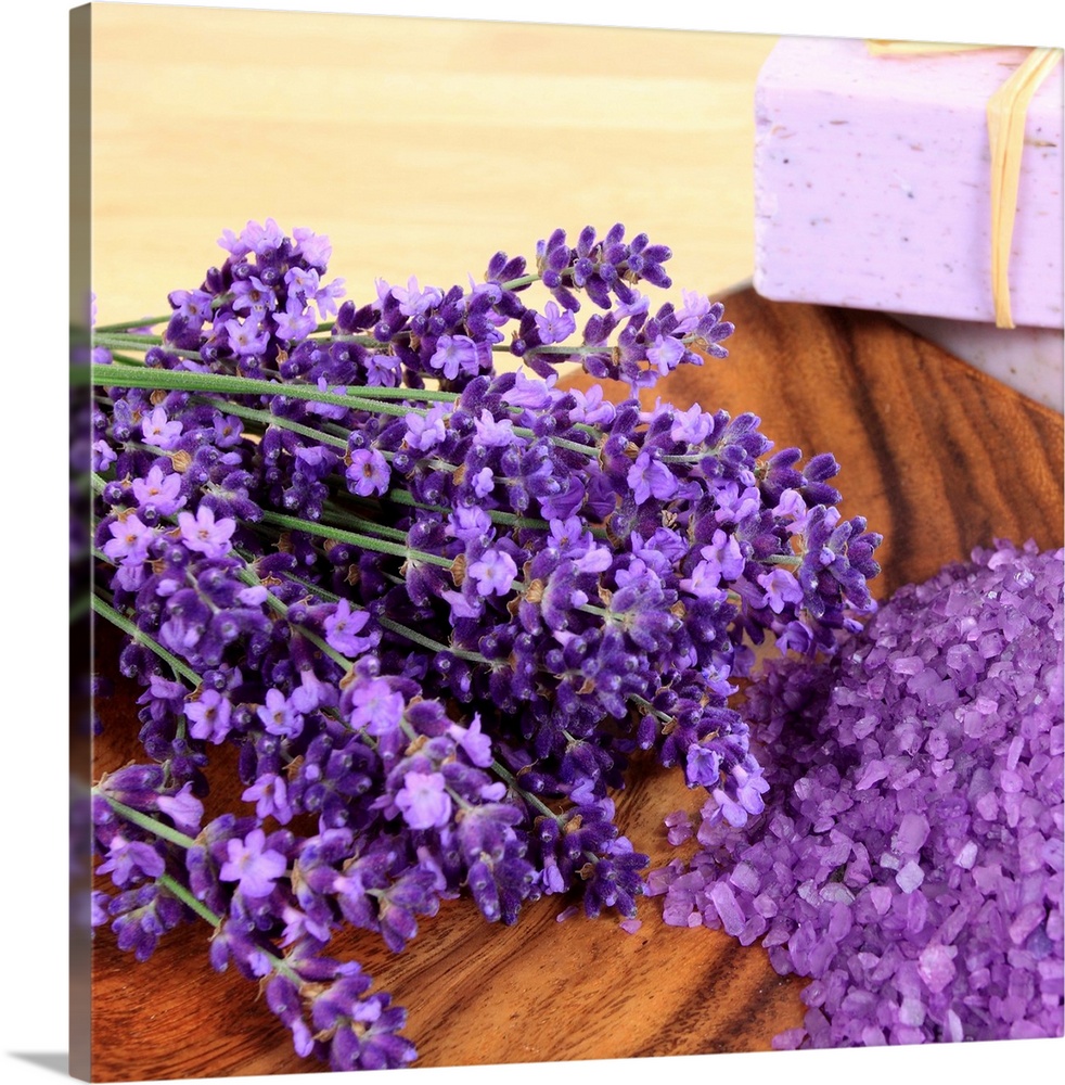Lavender laying on a wooden surface.