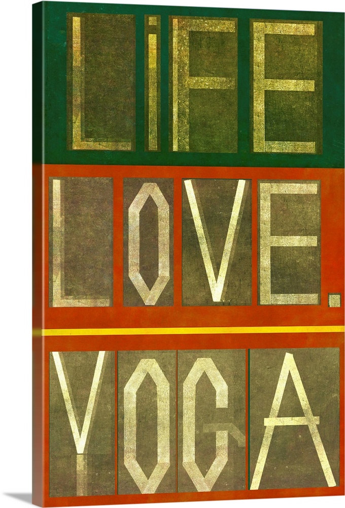 Earthy background image and design element depicting the words "Life Love Yoga"