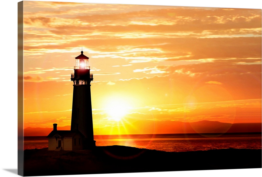 Lighthouse near ocean at sunset.