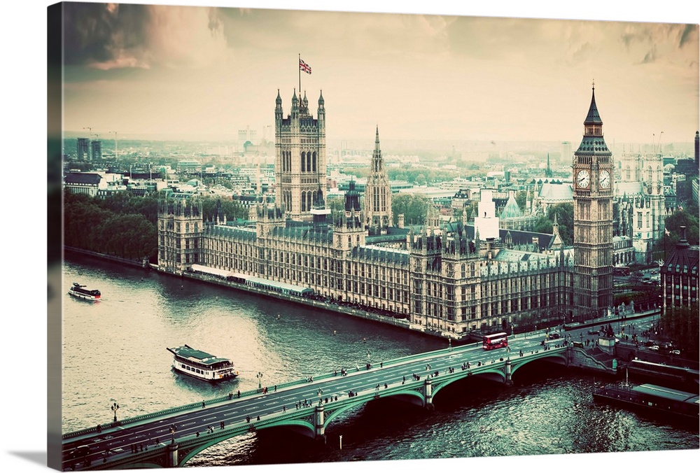 London, Big Ben, the Palace of Westminster in vintage, retro style. View from the London Eye